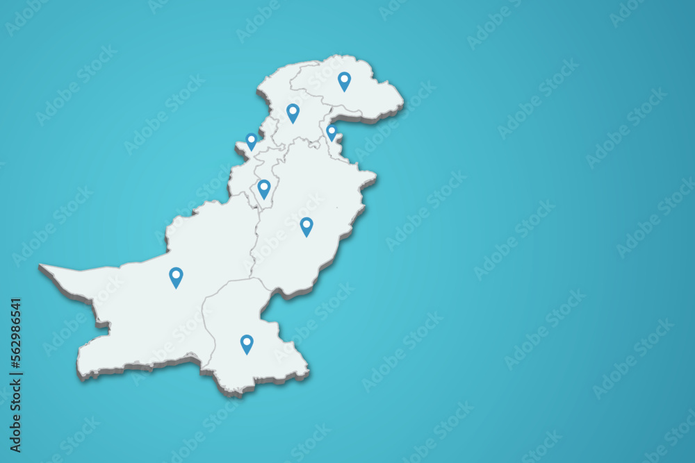 Pakistan 3D map illustration with map pin on isolated background Pakistan 3D map illustration with map pin on isolated background