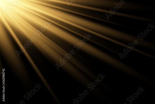 Vector golden sun light effect. Glowing sunrays on black background. Stock royalty free vector