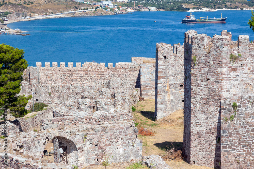 Partial view of the medieval castle of Mytilene castle, in Lesvos island, Greece, Europe. The fort was built during byzantine era (upon older remains) and later was fortified by Genovese and Ottomans.