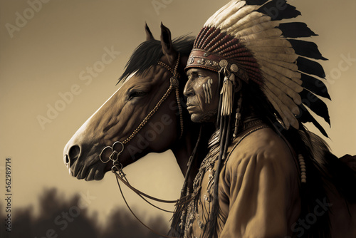 Obraz na płótnie Native American Indian Apache and western horse in traditional clothing and feat