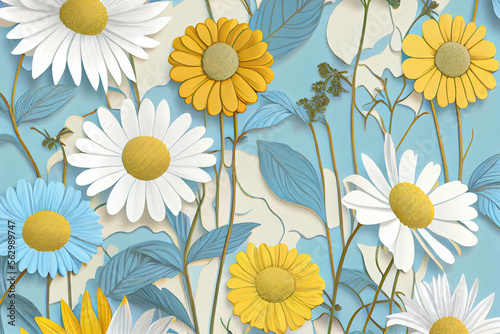 Wildflowers background in pale blue and yellow, generative AI