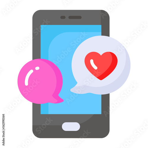 Chat bubbles with heart and mobile denoting concept of romantic conversation