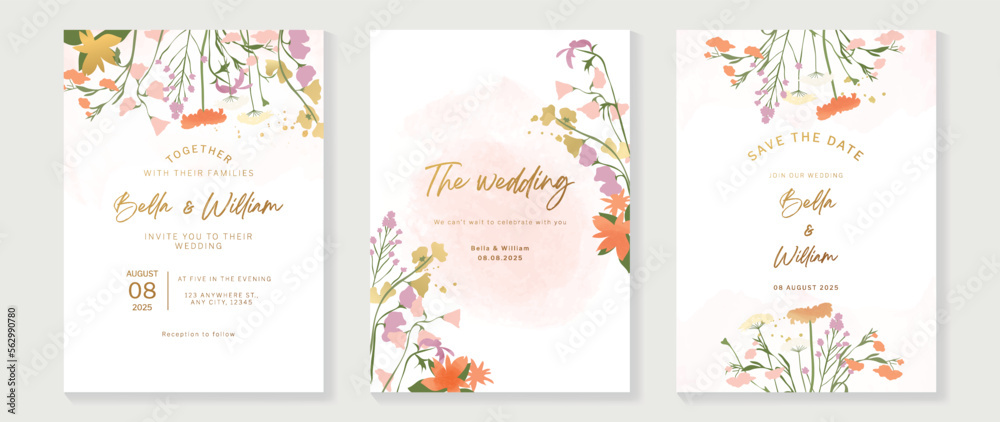 Luxury wedding invitation card background vector. Abstract vibrant botanical floral leaf branch watercolor texture template background. Design illustration for wedding and vip cover template, banner.