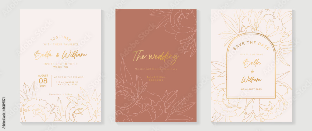 Luxury wedding invitation card background vector. Abstract botanical flower golden contour drawing line art texture template background. Design illustration for wedding and vip cover template, banner. Luxury wedding invitation card background vector. Abstract botanical flower golden contour drawing line art texture template background. Design illustration for wedding and vip cover template, banner.