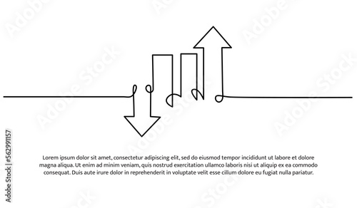 Continuous line design of arrows pointing up and down. Single line decorative elements drawn on a white background.