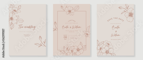 Luxury wedding invitation card background vector. Elegant botanical flower contour drawing line art texture template background. Design illustration for wedding and vip cover template, banner.