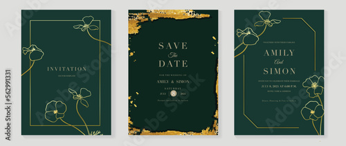Luxury wedding invitation card background vector. Elegant gold botanical flower line art with frame and golden brush stroke texture. Design illustration for wedding and vip cover template, banner.