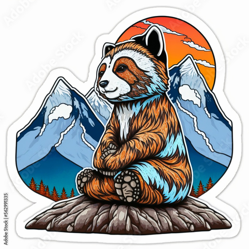 racoon, t-shirt or sticker design,  racoon meditate in mountains, peaceful landscape photo