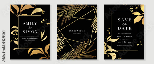 Luxury wedding invitation card background vector. Elegant gold botanical leaf branch line art, frame and golden brush stroke texture. Design illustration for wedding and vip cover template, banner.