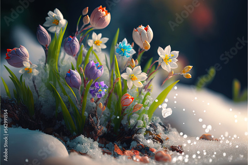 Spring equinox, flowers emerging from snow, Generative AI © BlueBlissByKatia