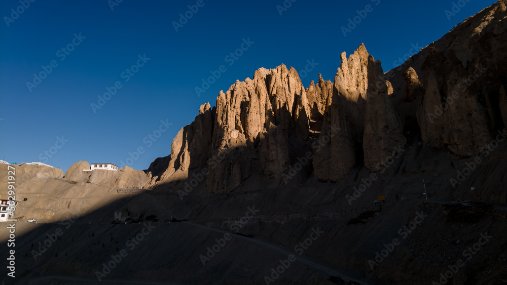 Spiti, Himachal Pradesh, India - April 1st, 2021 : Beautiful landscape with high mountains with illuminated peaks, Amazing scene with Himalayan mountains. Himalayas