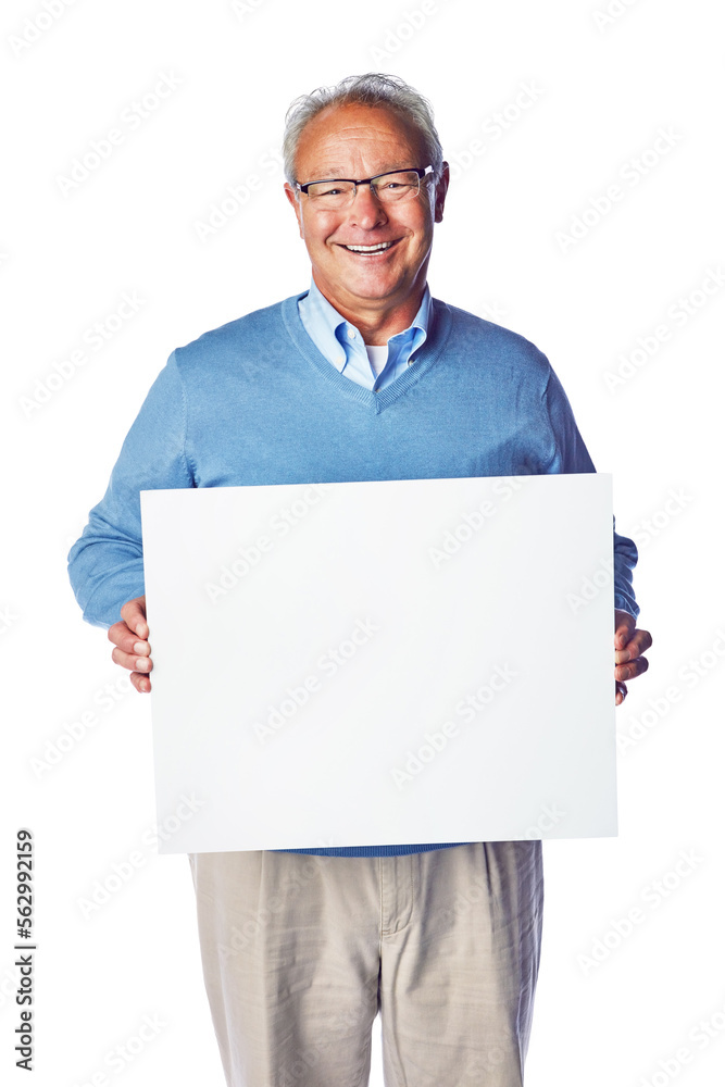 Poster, portrait mockup and senior man with marketing placard, advertising banner or product placement. Studio mock up, billboard promotion sign and happy sales model isolated on white background