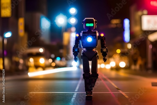 A humanoid robot walks around the city at night