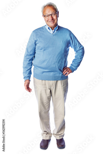 Old with man, smile in portrait and retirement, life insurance and glasses with mockup isolated on white background. Pensioner, happy old man and positive mindset with vitality, elderly and wellness