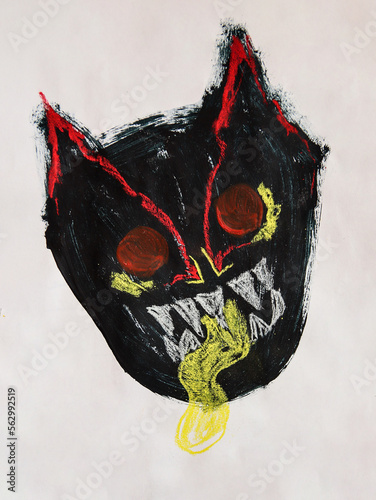 Hand drawn acrylic illustration of the devil with red eyes and sharp teeth