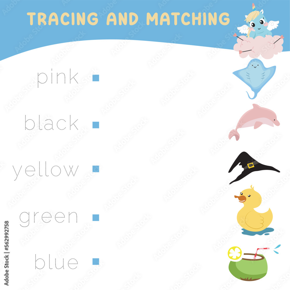 Trace and match words with pictures. Exercise for children to recognize color. Educational worksheet for preschool. Vector file. 