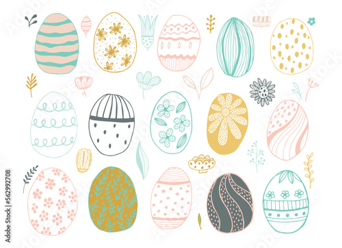multicolored Easter eggs with botanical elements set doodle style. Happy easter hand drawn isolated on white background. Spring holiday. Happy Easter. Vector Illustration.