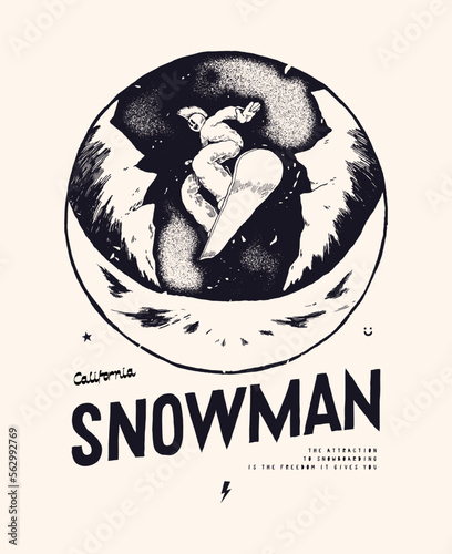 Snowman. Mohawk snowboarder fisheye. Winter sports distressed vintage typography silkscreen t-shirt print vector illustration.