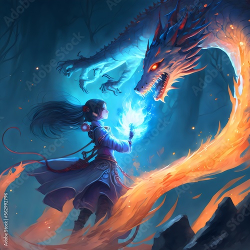 Fantasy manga style illustrated scene where a girl fights a scary fire dragon, generative ai