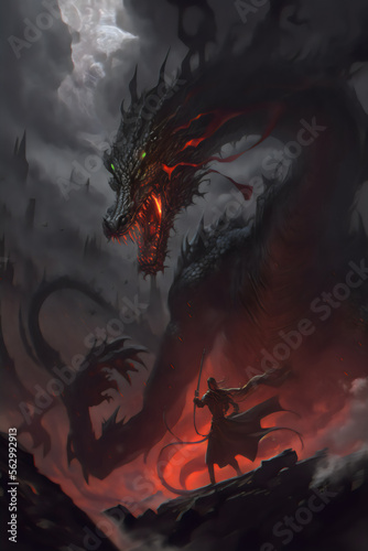 Fantasy manga style illustrated scene with dark fire breathing dragon, generative ai