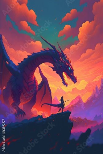 Fantasy manga style illustrated scene where a person fights a scary dragon at dawn, generative ai