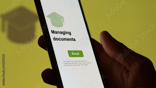 Managing documents program. A student enroll in courses to study, to learn a new skill and pass certification. photo