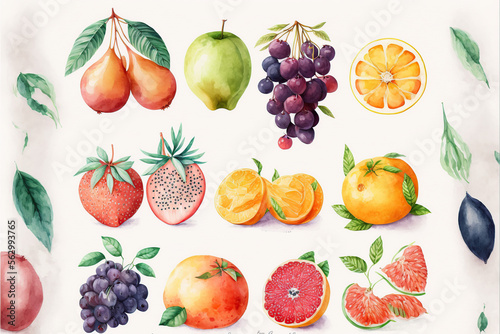Watercolor fruits set wallpaper on white background © DarkKnight