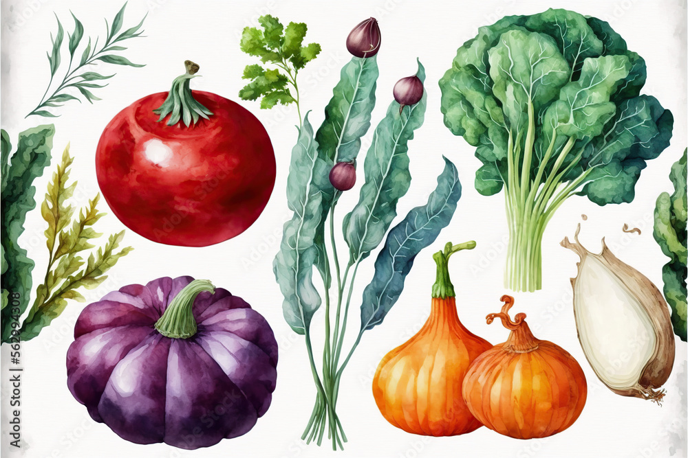 Watercolor vegetables set wallpaper on white background