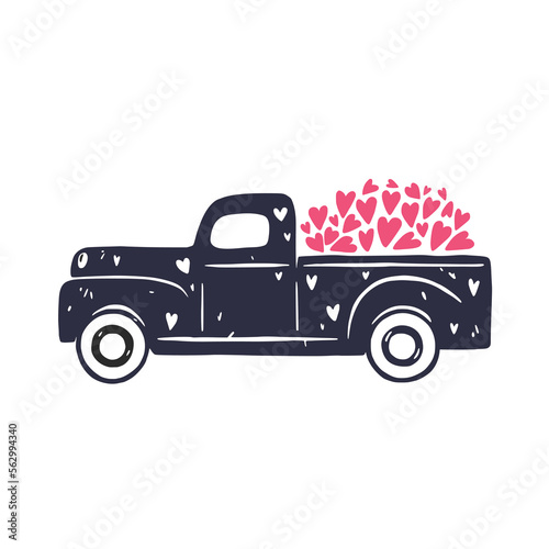 Retro red pickup truck with balloons. Vector vintage illustration. Color sketch.