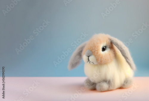 Cute little white Easter bunny on pastel fresh Spring background. Little rabbit. Close up of animal. Illustration. Generative AI.