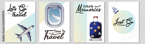 Airplane, boat, travel bag. Handwritten lettering. Travel, tourism, adventure, journey concept in blue color. Vector illustration.