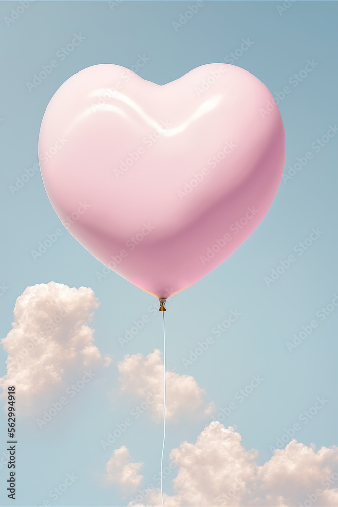 Minimal love concept of pink heart shaped balloon oo blue sky with white clouds background. Soft pastel colors. Creative Valentine's Day. Illustration. Generative AI.