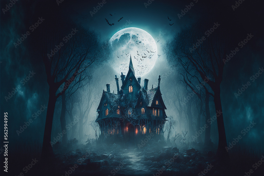 Haunted House with Dark Horror Atmosphere. Halloween Haunted Scene House. AI generated