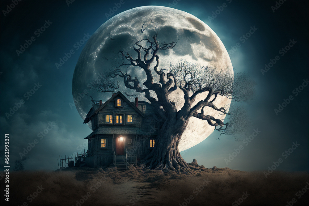 Haunted House with Dark Horror Atmosphere. Halloween Haunted Scene House. AI generated