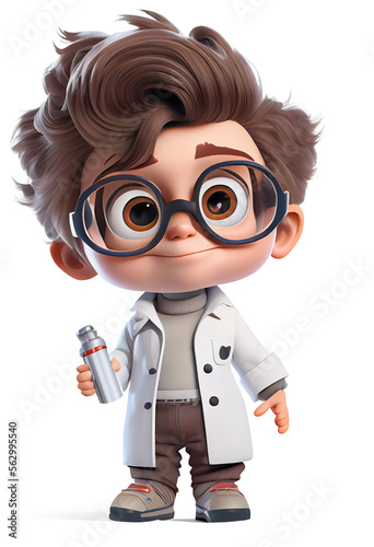 Cute cartoon tiny boy as a scientist, isolated on white background. Generative art