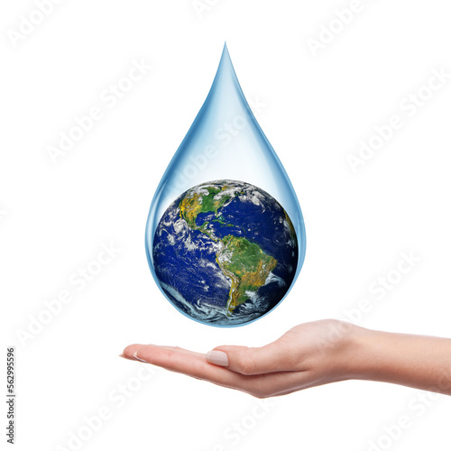Lack of water concept in the world isolated on white background. Planet earth dripping into hand in a drop of water. Earth day or World Water Day. Elements of this image furnished by NASA.