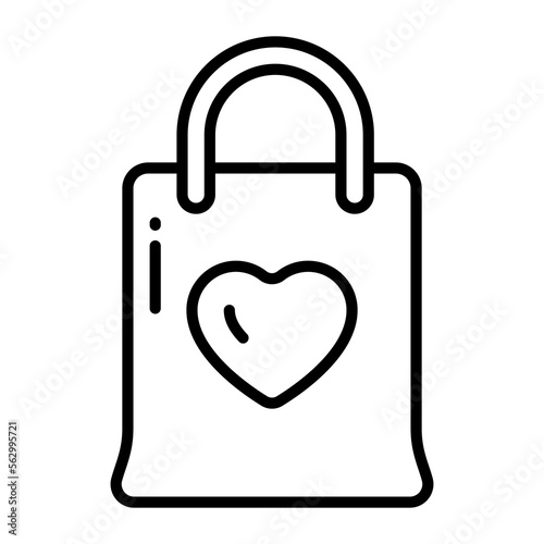 Heart symbol on shopping bag, vector icon of gift bag