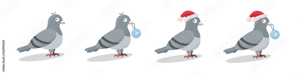 Obraz premium Set of cute colored vector pigeons without outline, with a Christmas ball in its beak, in Santa's hat. New year, Christmas, winter urban theme.