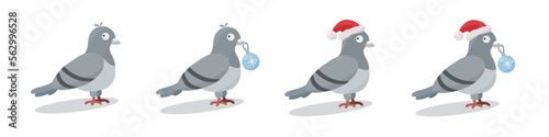 Set of cute colored vector pigeons without outline, with a Christmas ball in its beak, in Santa's hat. New year, Christmas, winter urban theme. 