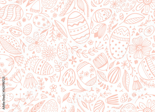 Fototapeta Naklejka Na Ścianę i Meble -  Vector seamless pattern from Easter eggs and flowers. Easter eggs. Traditional Easter ornament. Happy easter. Hand-drawn. Vector illustration.