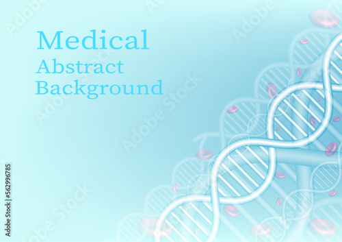 abstract medical background dna and red blood cells bottom right There is an empty space on the left side. On a clean bright blue gradient background