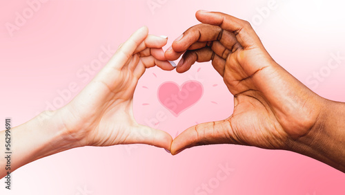 Heart formed by hands caucasian and African American. Diversity concept on pink background. Heart sign with woman and man hands. Trend illustration collage.