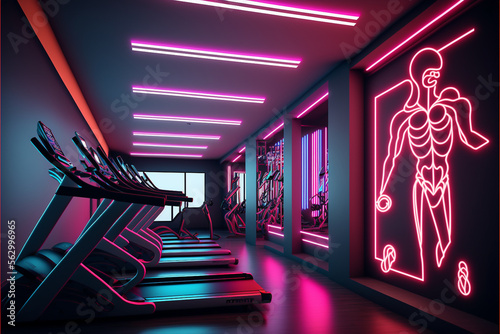 Modern Gym, Neon Illuminated, Futuristic, Cardio and Strength Training, Generative ai