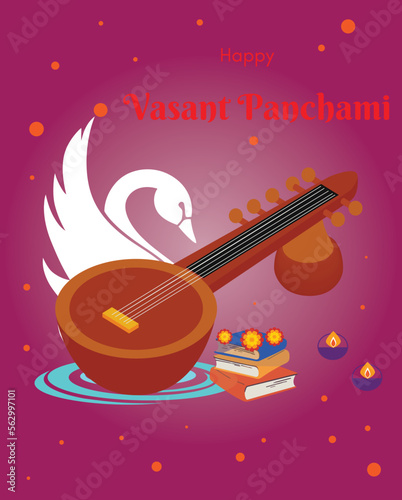 Vasant panchami ,saraswati puja india mythology godess voilen swan books vector image beautiful illustration.