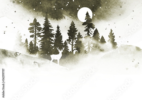 Vector silhouette of deer and forest. Watercolor vector landscape with coniferous forest, moon, animal under night sky. Nature template frame for poster, postcard, banner
