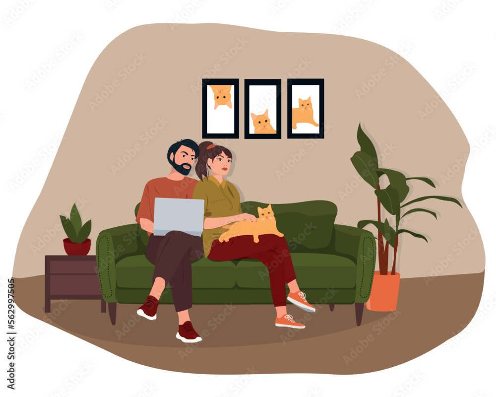 Young couple at home with cat. Relaxation at home. Vector illustration