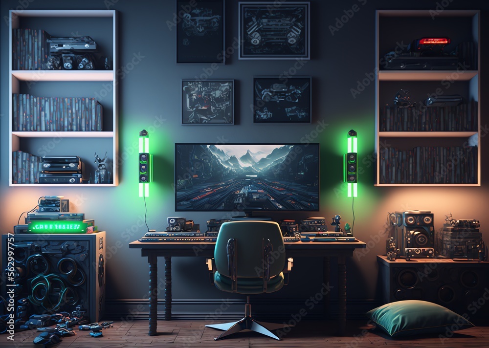 Computer Gaming Pc On Video Gaming Desk In Dark Room With Neon Light  Futuristic Modern Workplace Of Internet Blogger Streamer Or Computer Gamer  Monitor Transparent Computer Chair Ring Light Stock Illustration 