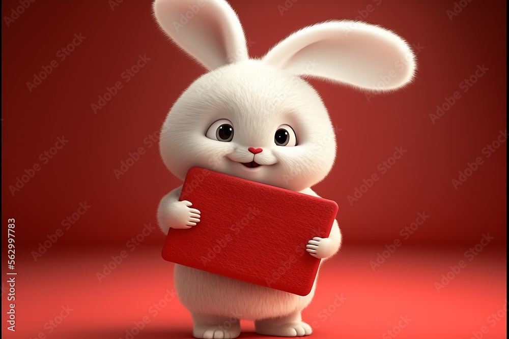Fototapeta premium Cute Fluffy Lovely white rabbit holding a red billboard in a red background