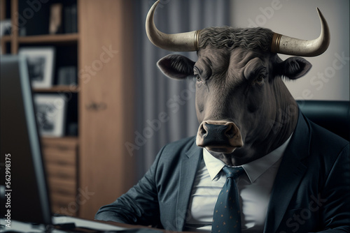 Fototapeta Naklejka Na Ścianę i Meble -  Bull businessman in a stylish classic suit in the office, animal boss in human body, entrepreneur anthropomorphic illustration, concept business, art created by ai