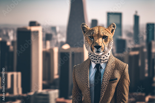 Portrait of a cheetah businessman in a stylish classic suit against the backdrop of a big city, animal boss in human body, entrepreneur anthropomorphic illustration, art created by ai photo